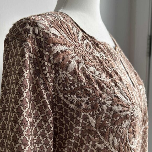 Gretchen Scott Cocoa-Ivory Embroidered Silk-Blend Tunic, Border-Print – US S - Picture 5 of 11